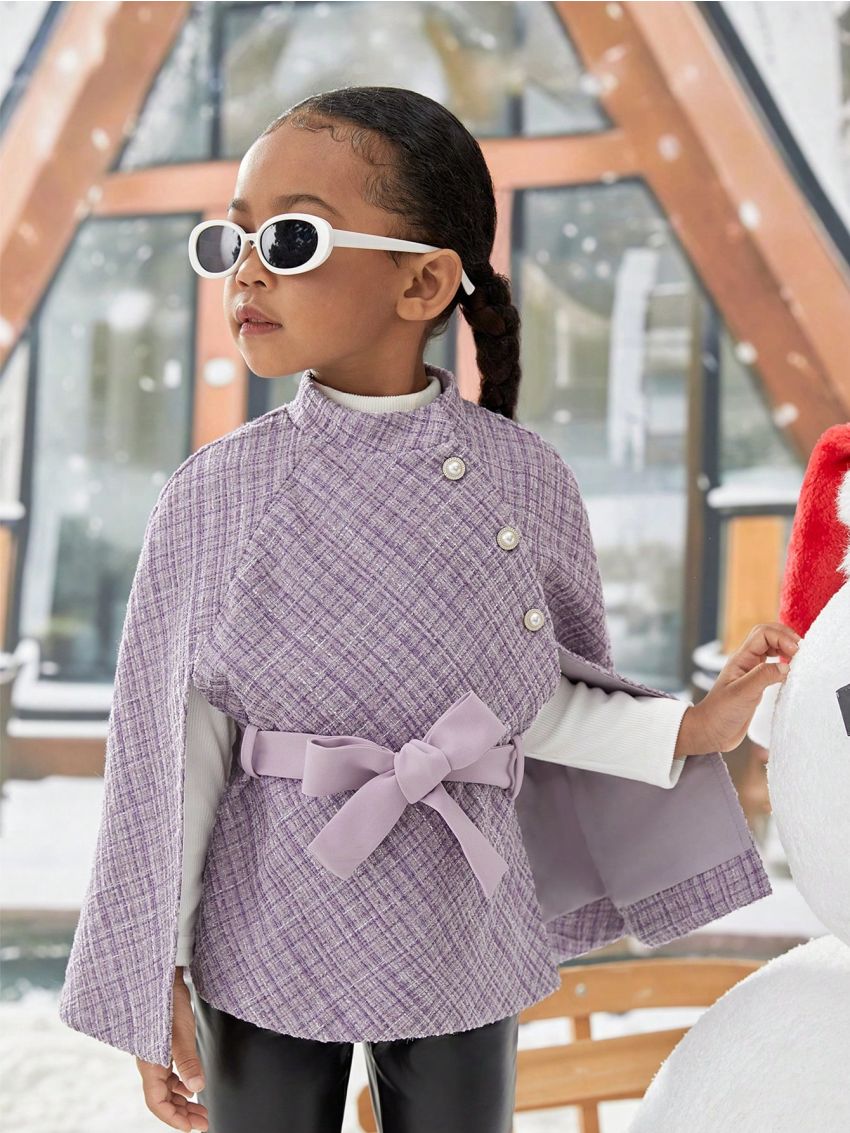 SHEIN Kids Cooltwn Young Girl Plaid Cloak Sleeve Belted Overcoat