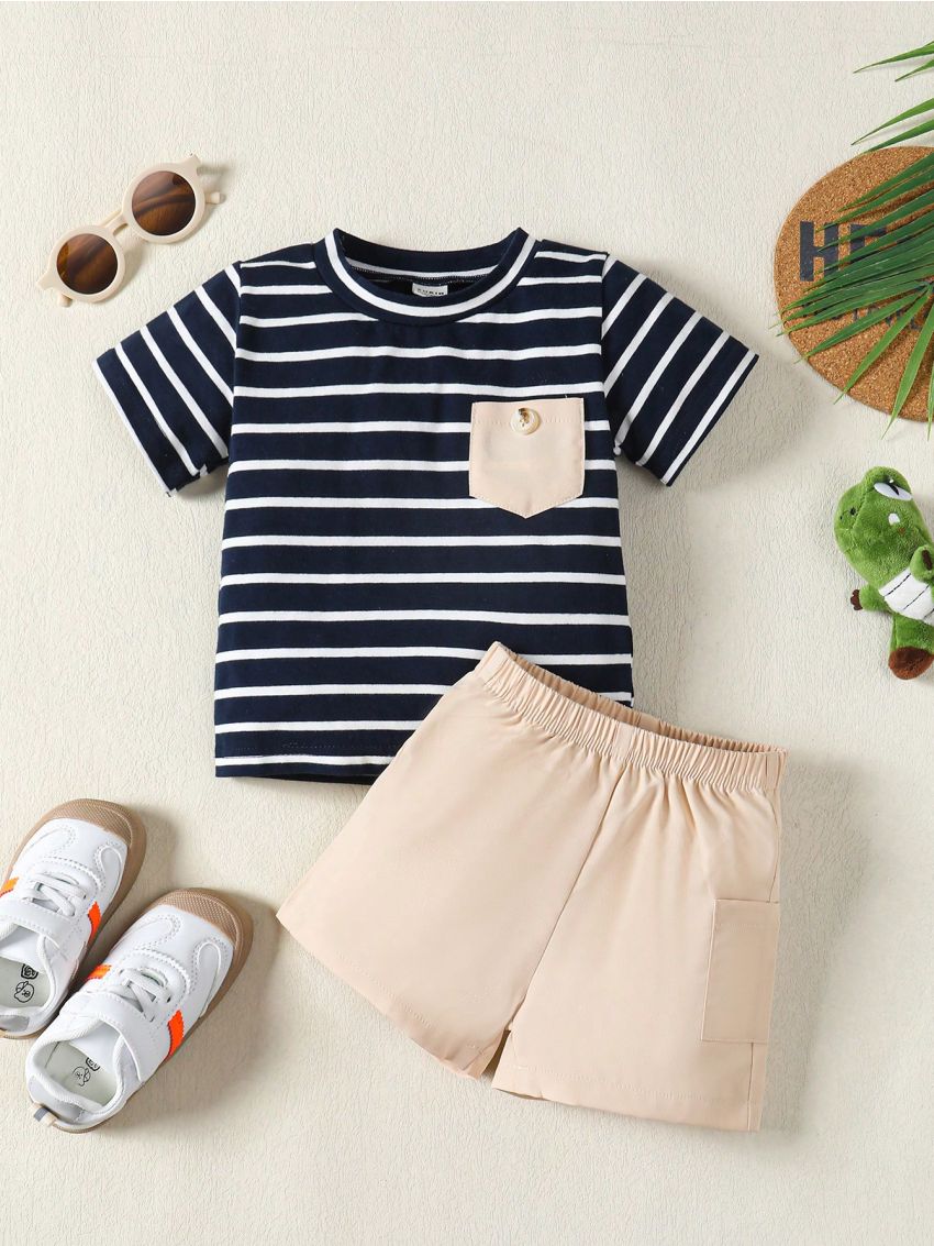 Baby Boys' Striped Patch Pocket T-Shirt And Solid Color Shorts Set