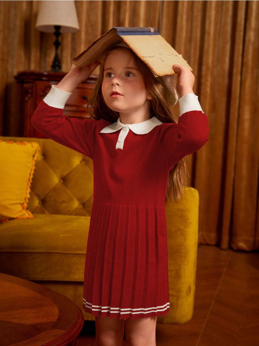 SHEIN Kids Nujoom Young Girl Contrast Trim Pleated Sweater Dress