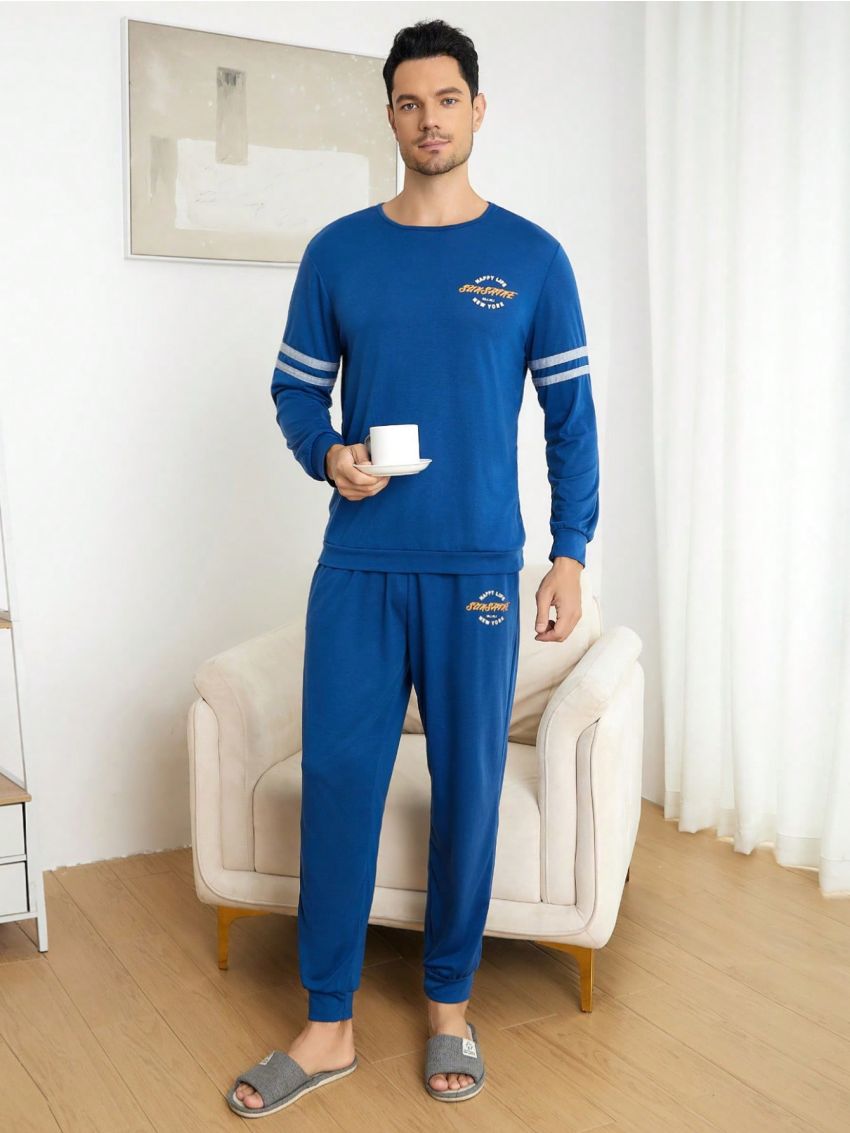 Men Letter Graphic Striped Trim Sweatshirt & Sweatpants