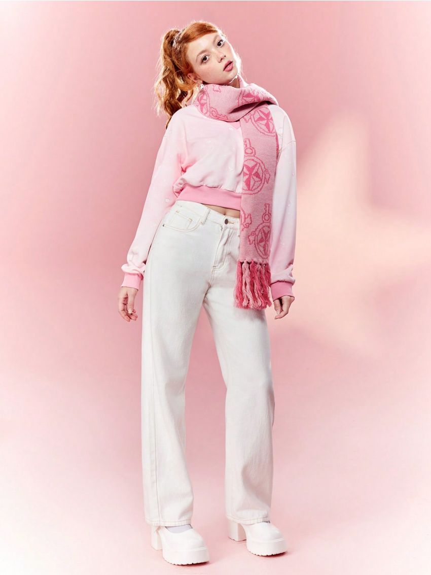 SHEIN X Cardcaptor Sakura Cartoon Jacquard Warm Thick Pink Tassel Scarf