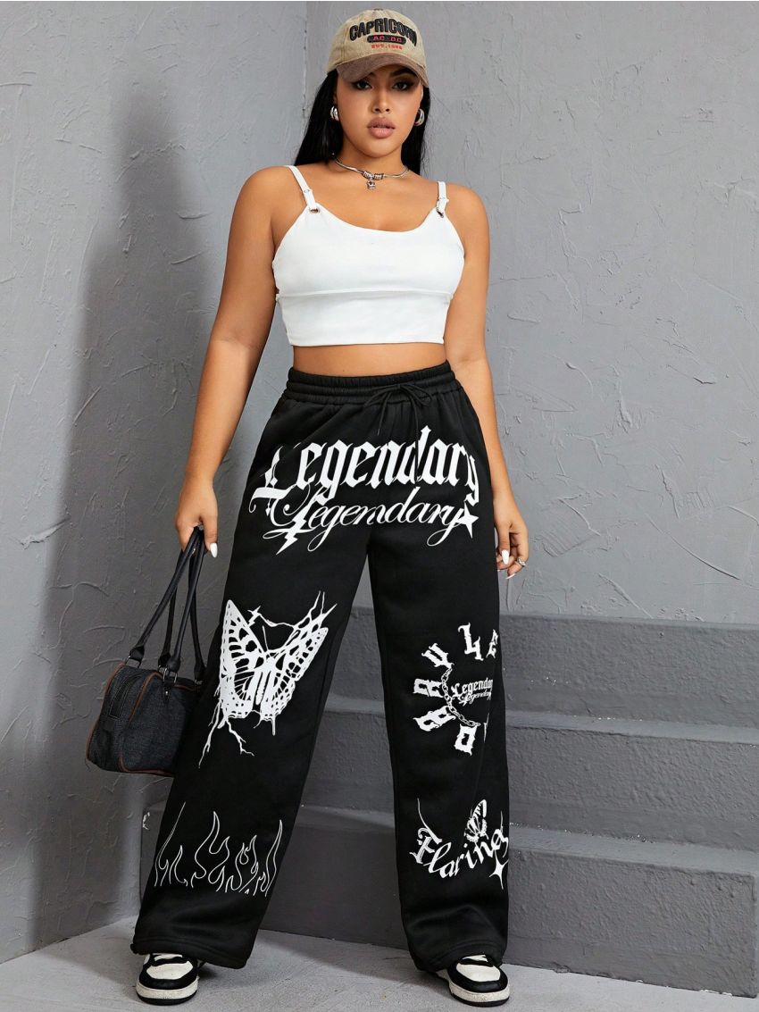SHEIN Coolane Plus Fire & Letter Graphic Drawstring Waist Sweatpants