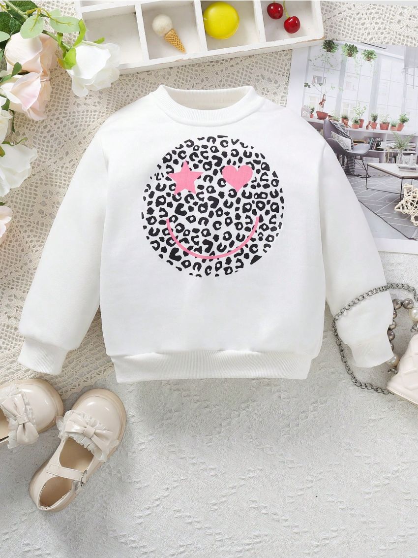 Toddler Girls' Leopard Print Heart & Cartoon Face Printed Sweatshirt Long Sleeve Top