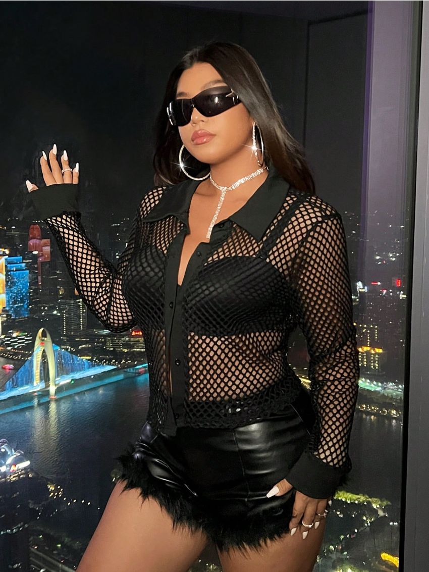 SHEIN ICON Plus Size Fishnet Long Sleeve Top For Women