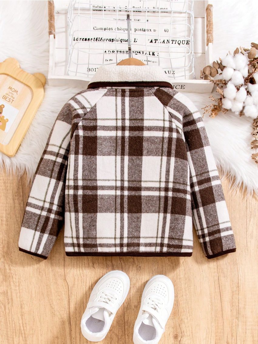 SHEIN Kids EVRYDAY Boys' Checked Plaid Insert Padded Jacket With Raglan Sleeves