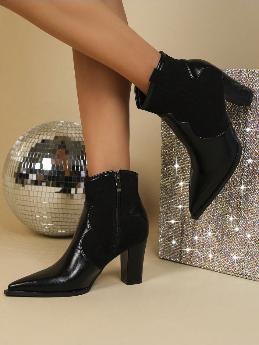 Women's Fashionable Black Chunky Heel Ankle Boots, Western Style