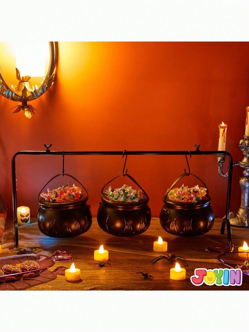 JOYIN 3 Witches Cauldron Serving Bowls, 2 Purple Candy Discs, a Black Metal Shelf with 3 Hooks, 6 PCS Halloween Party Decoration Set Black Plastic Candy Bucket Cauldron Bowls, for Halloween Outdoor and Indoor Decor