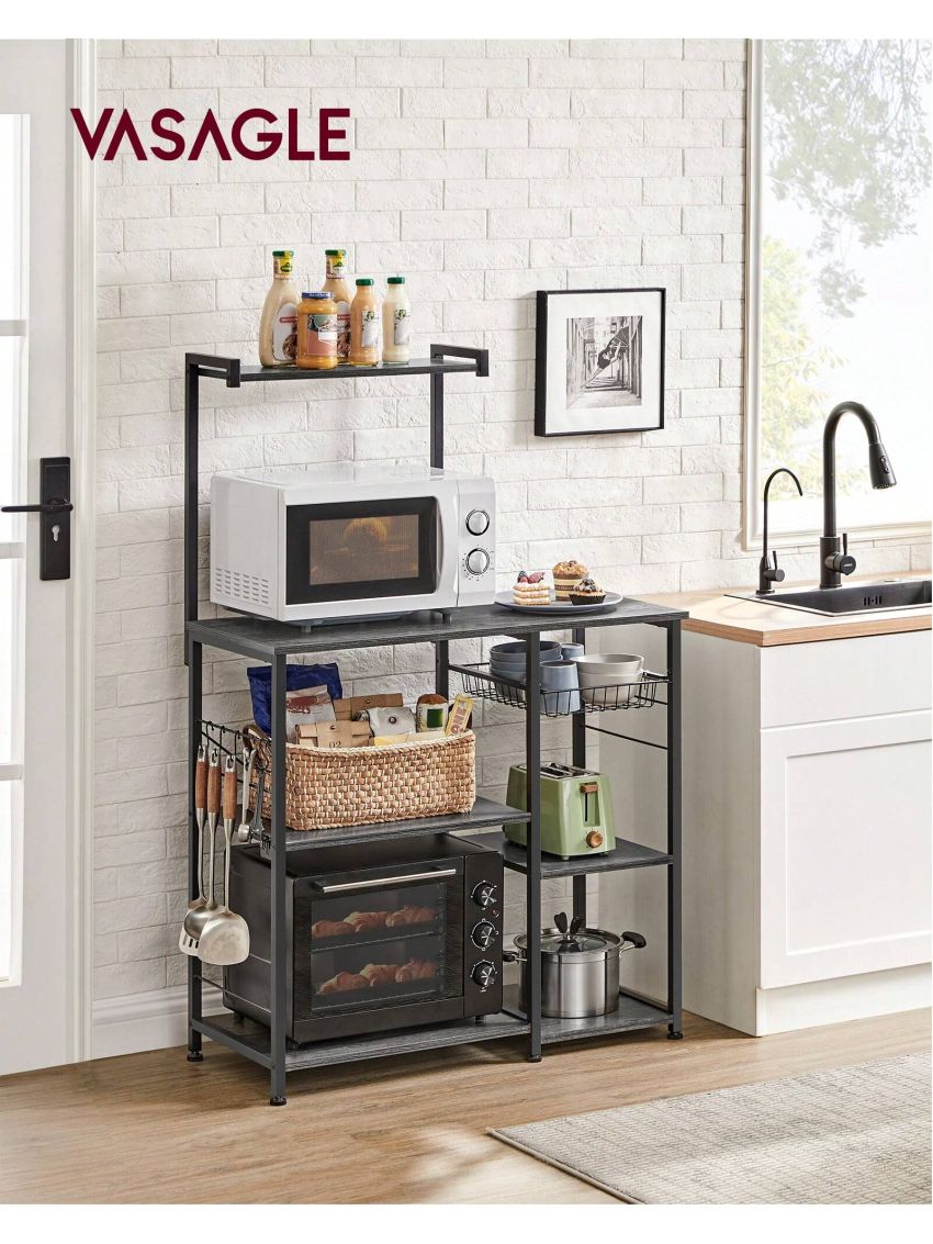 VASAGLE Baker's Rack, Microwave Stand, Kitchen Storage Rack with Wire Basket, 6 Hooks, and Shelves, for Spices, Pots, and Pans