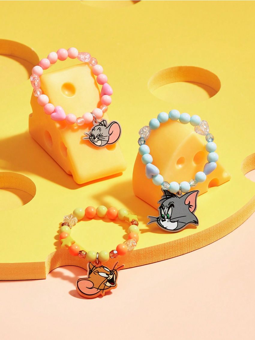 TOM & JERRY X SHEIN Cute Cat And Mouse Design Girls Beaded Elastic Bracelet Set, 3pcs/set