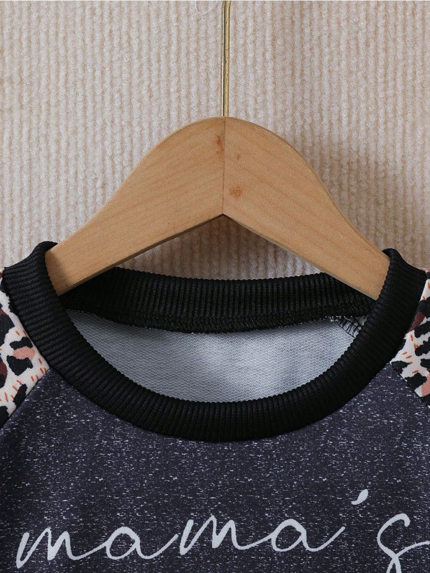 Little Girls' Letter Print Leopard Spliced Raglan Sleeve Round Neck Sweatshirt