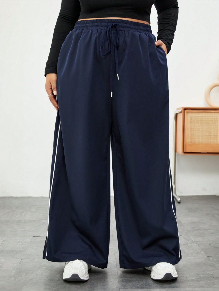 SHEIN CURVE+ Plus Size Women's Drawstring Waist Splicing & Side Split Wide Leg Pants