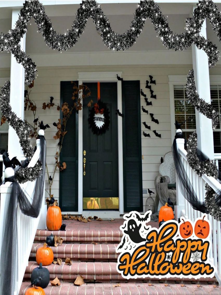 Govetom 2 Pack Total 66 Ft Halloween Garland, Sparkly Metallic Black Tinsel Garland Holiday Tinsel Twist Garlands Hanging Halloween Decorations for Home Indoor Outdoor Halloween Party