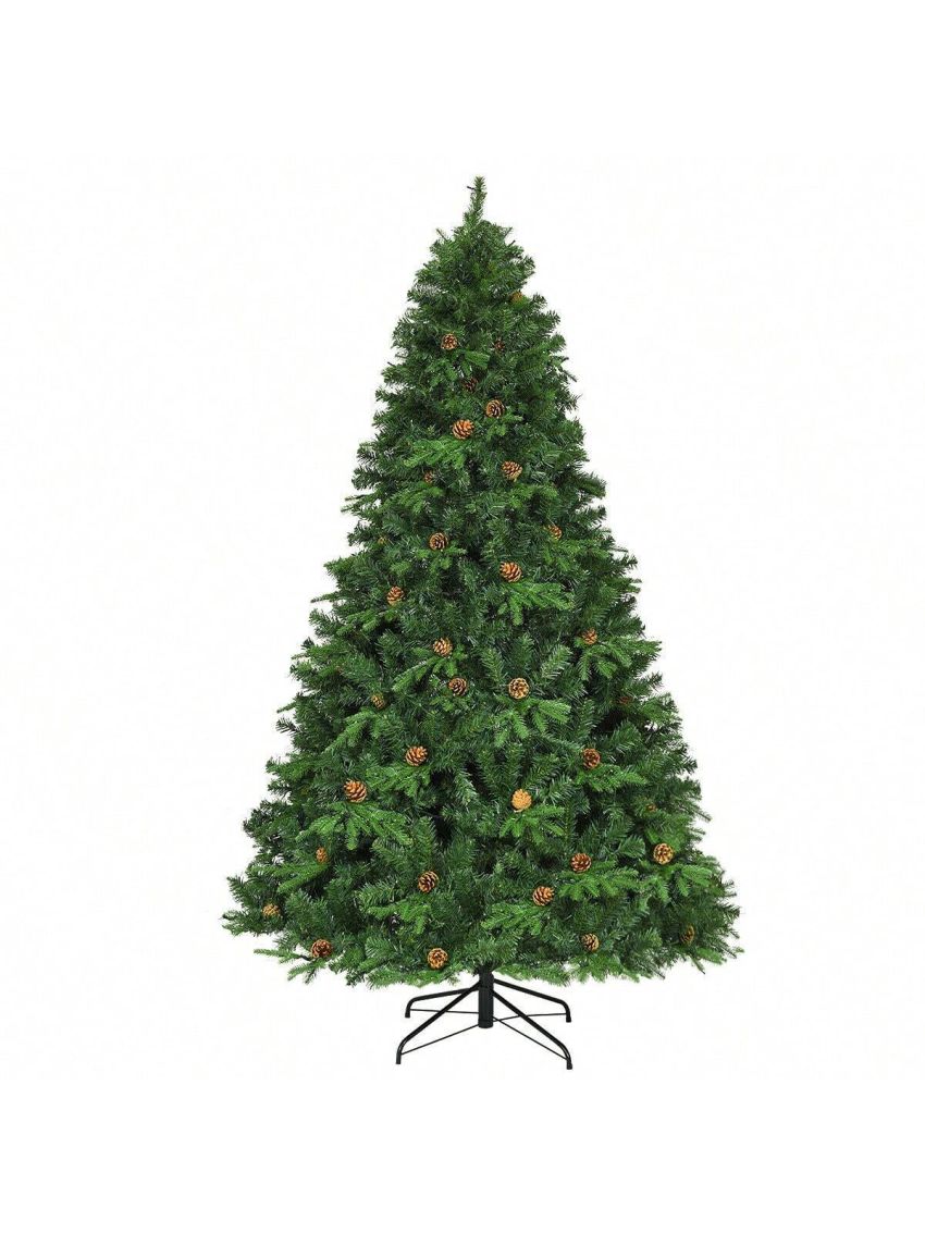 Gymax 7.5' Artificial Pre-Lit Christmas Tree Hinged LED Lights Pine Cones Metal Stand