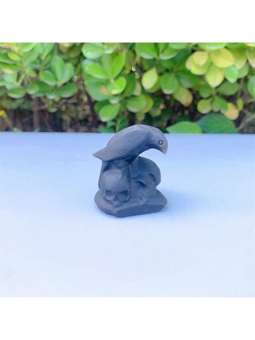 1pc Natural Obsidian Carved Raven Skull Ornament For Halloween Decoration(random Pattern)
