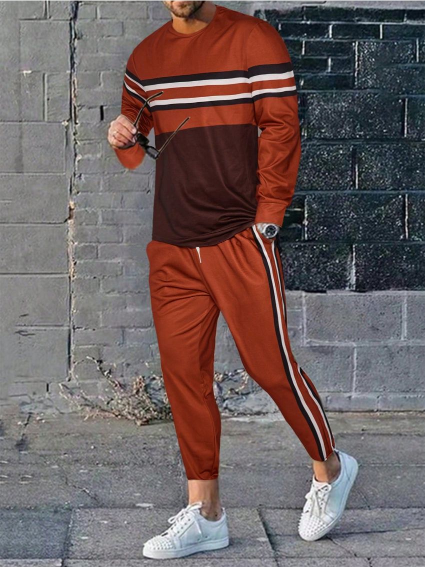 Men Striped Print Colorblock Sweatshirt & Sweatpants