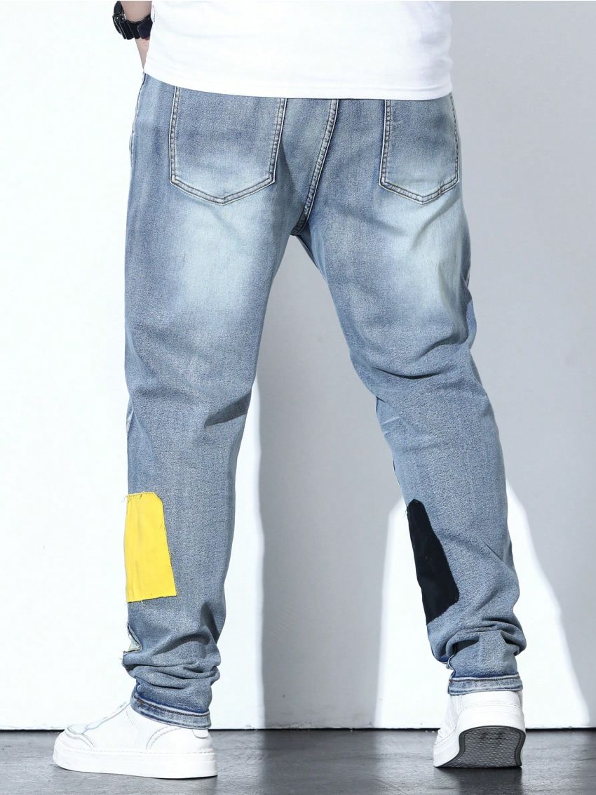 Men Plus Geo Print Cat Whisker Straight Leg Jeans
