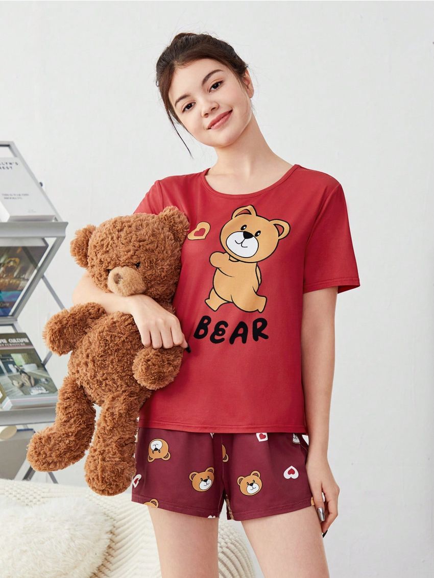 SHEIN Teen Girls' Knitted Adorable Bear Pattern Short Sleeve T-Shirt And Shorts Homewear