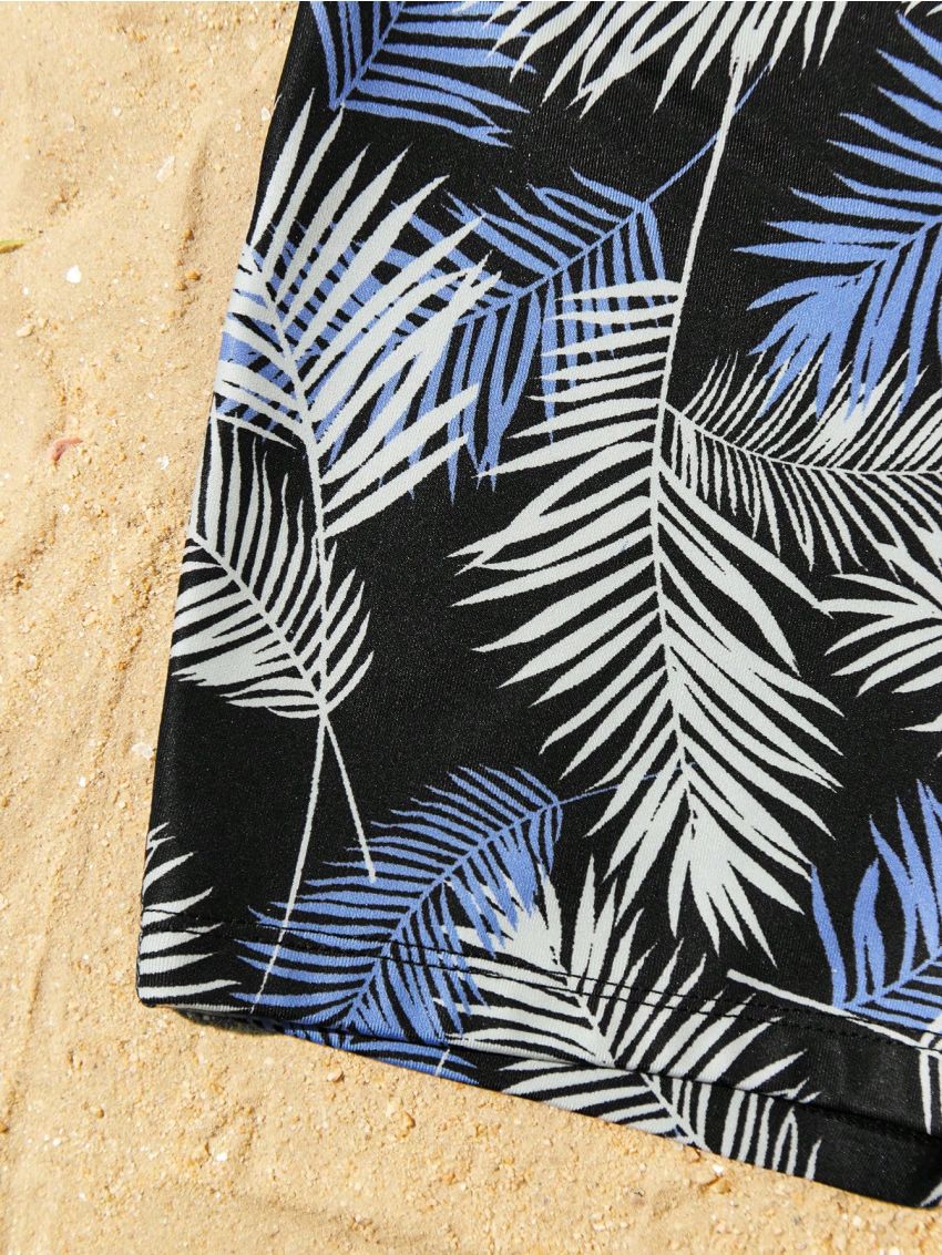 SHEIN Tween Boys' Casual Tight Knit Swimsuit With Plant Print