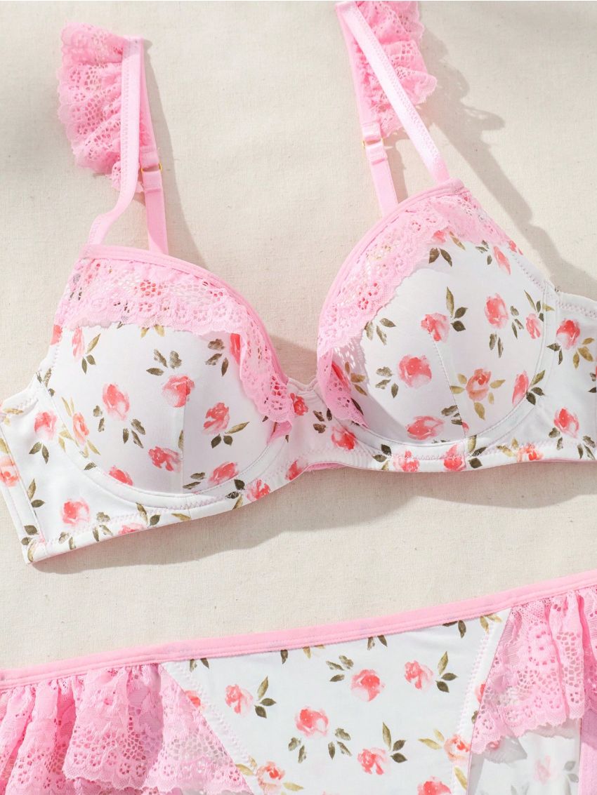 SHEIN Women's Floral Printed Patchwork Lace Underwear Set