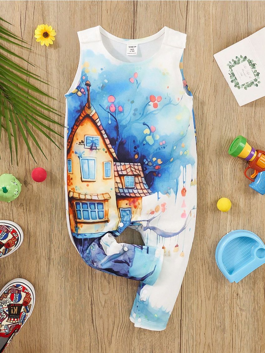 Baby Boy'S Oil Painting Pattern Sleeveless Jumpsuit