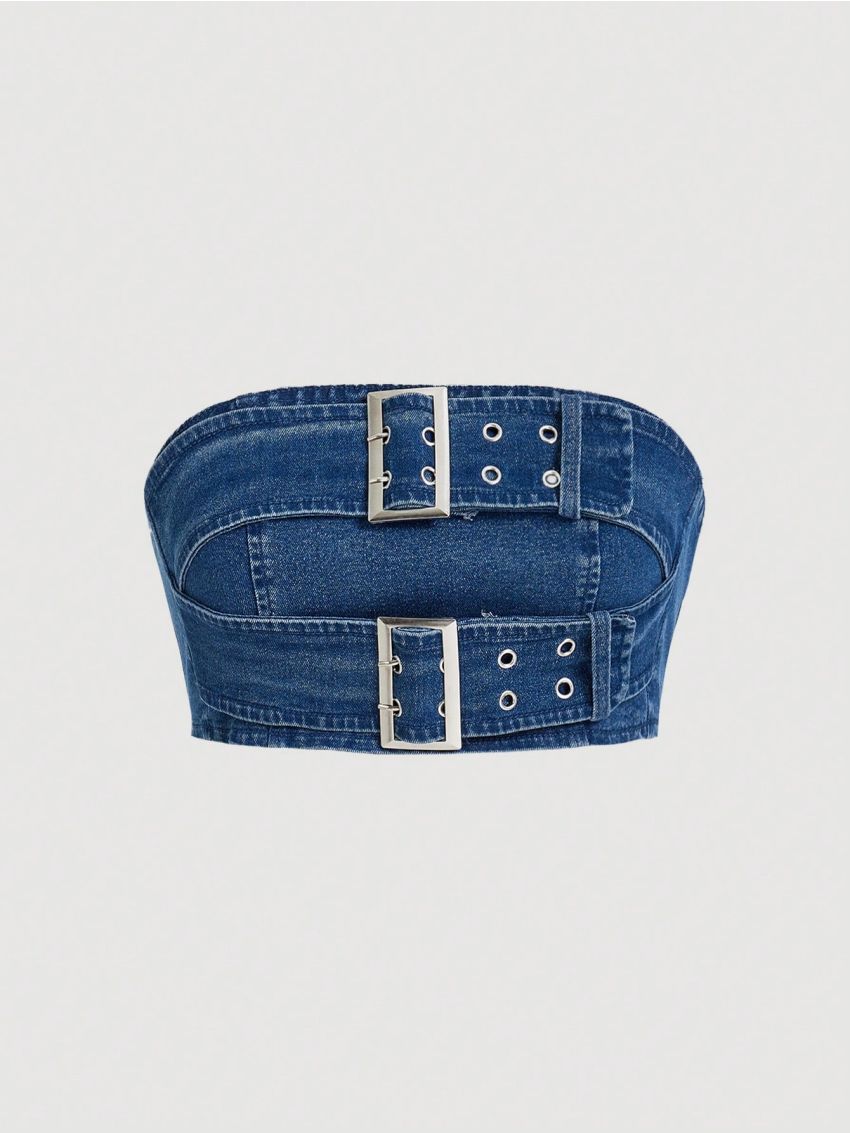 SHEIN ICON Women's Casual Strapless Denim Mini Top With Tight Fit, Button Closure