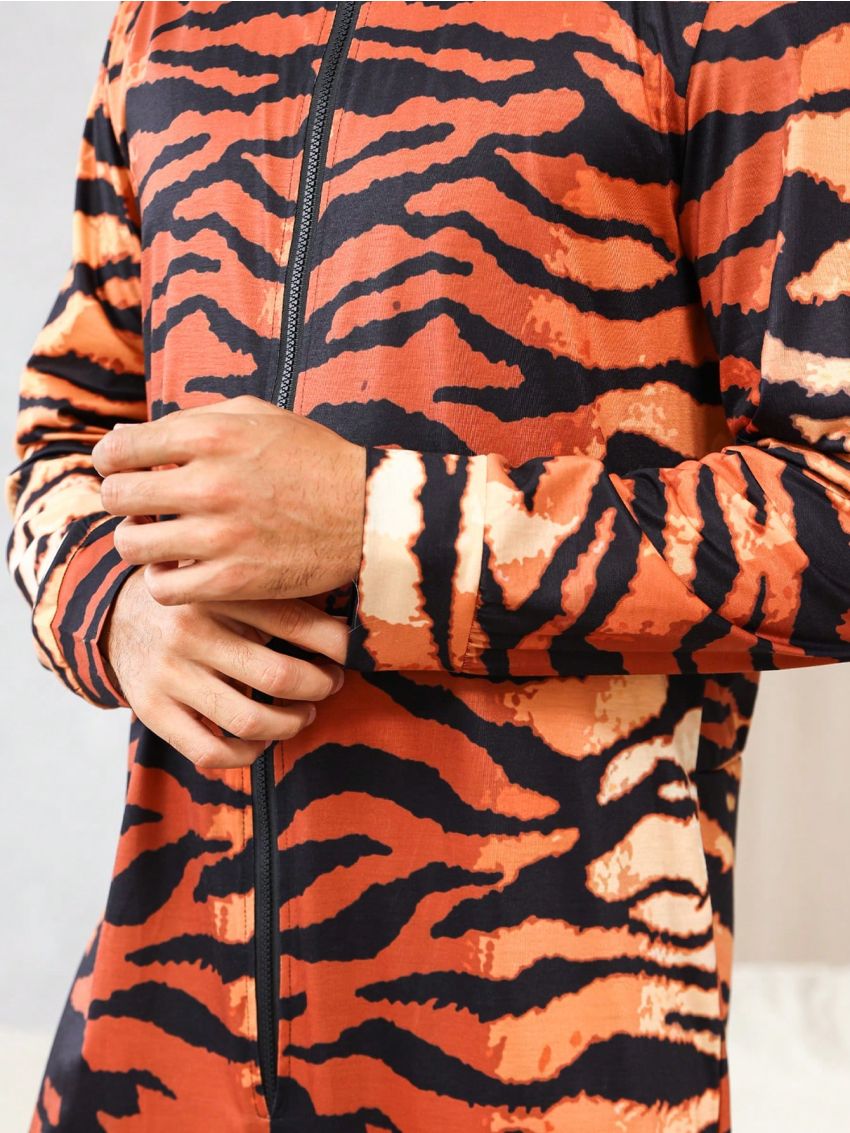 Men's Tiger Striped Zipper Hooded Homewear Jumpsuit