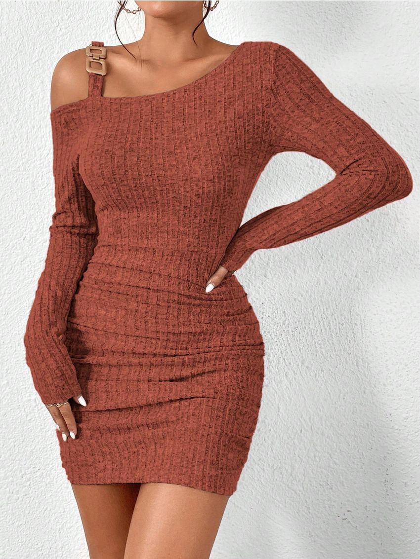 SHEIN Privé Asymmetrical Collar Ribbed Knit Slim Fit Dress