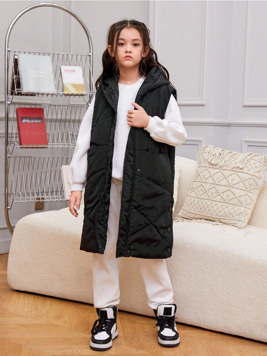 SHEIN Tween Girl 1pc Zipper Front Hooded Vest Puffer Coat