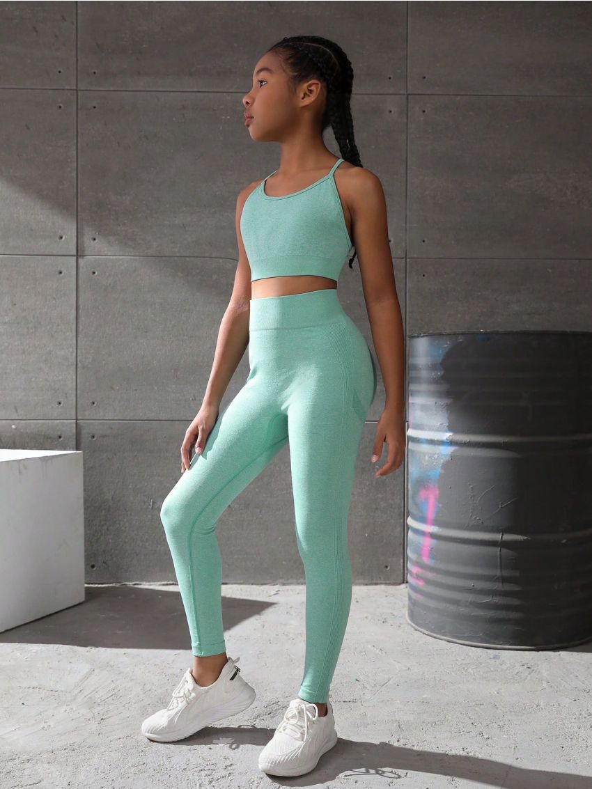 Teen Girls' Sporty Green Vest And Leggings Set, Ideal For Outdoor Activities, Workout, Yoga And Aerobics, Peach Buttocks Shaping Effect