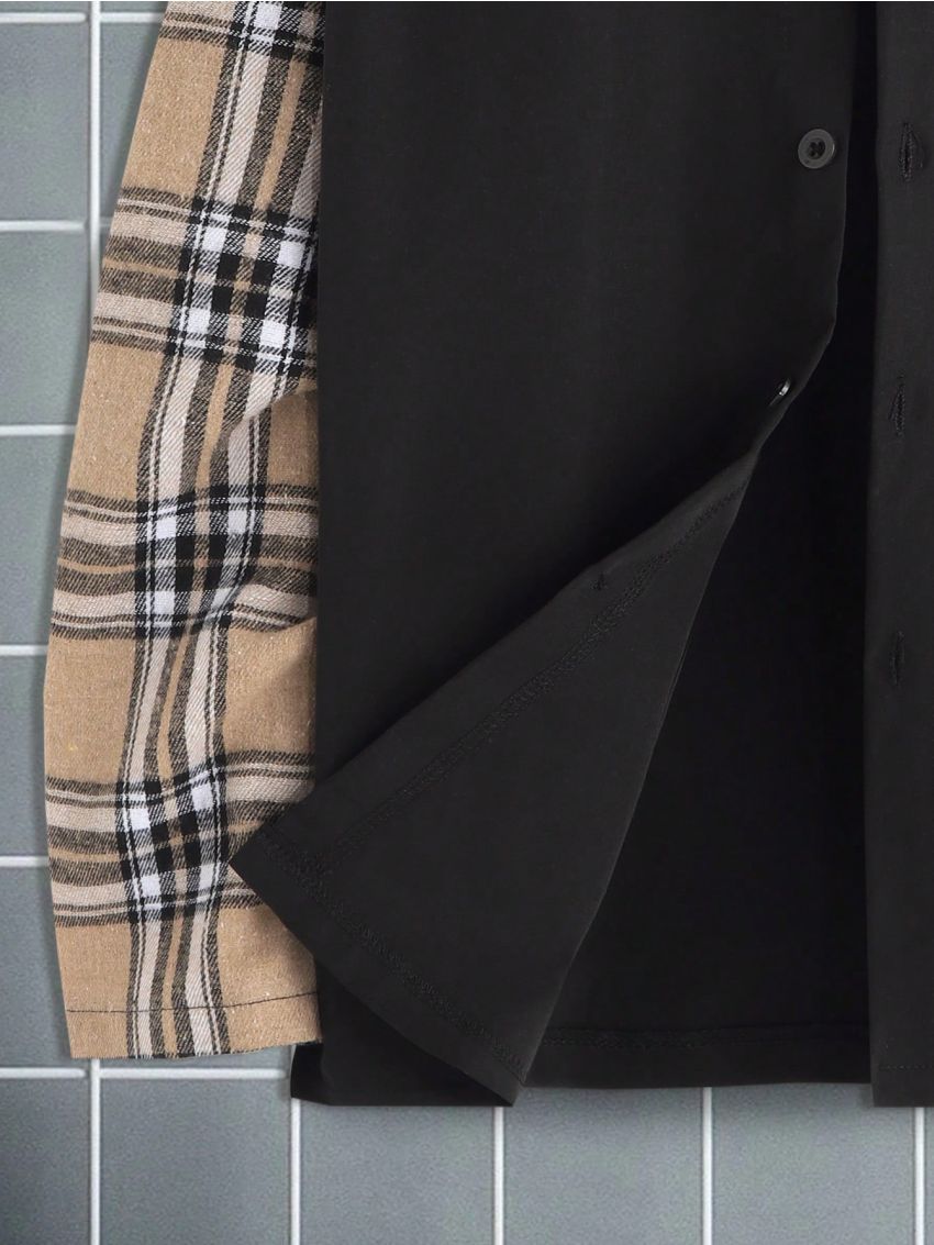 SHEIN Tween Boys' Plaid Patchwork Long Sleeve Shirt