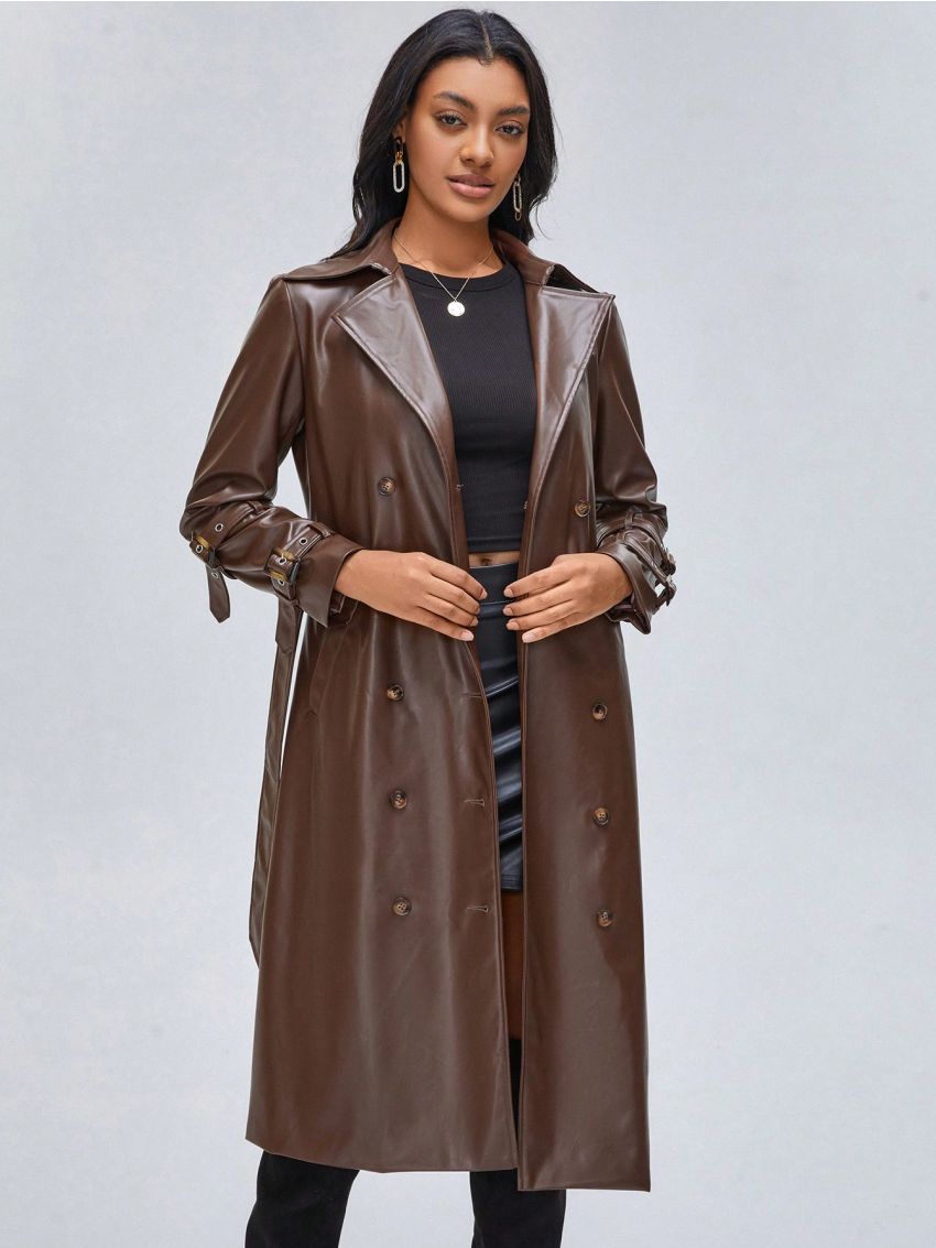 CHEYENNE SAHARA Double Breasted Belted PU Leather Trench Coat