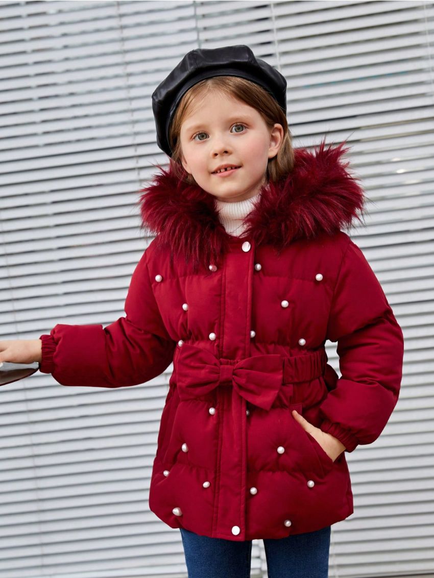 SHEIN Toddler Girls' Loose Casual Mid-length Coat With Detachable Fur Collar & Pearl Decoration, Hooded