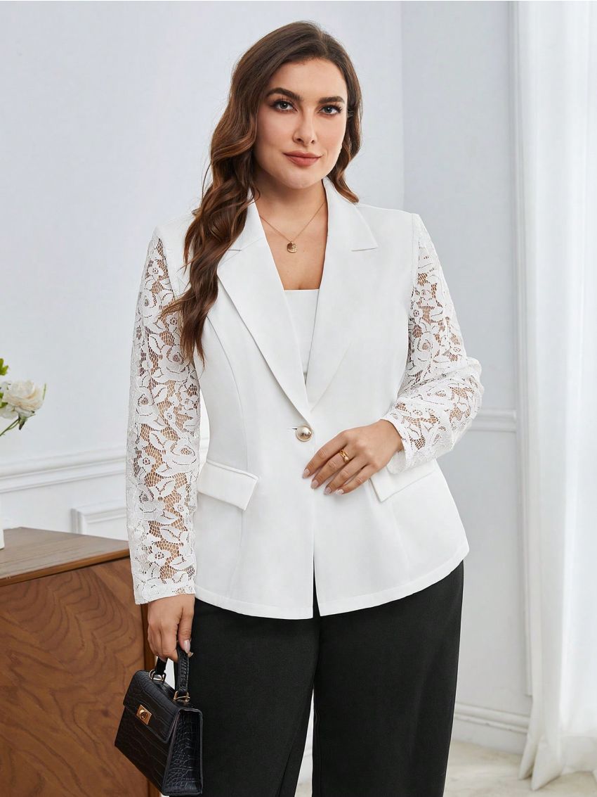 SHEIN BIZwear Plus Size Lace Patchwork Lapel Blazer Jacket