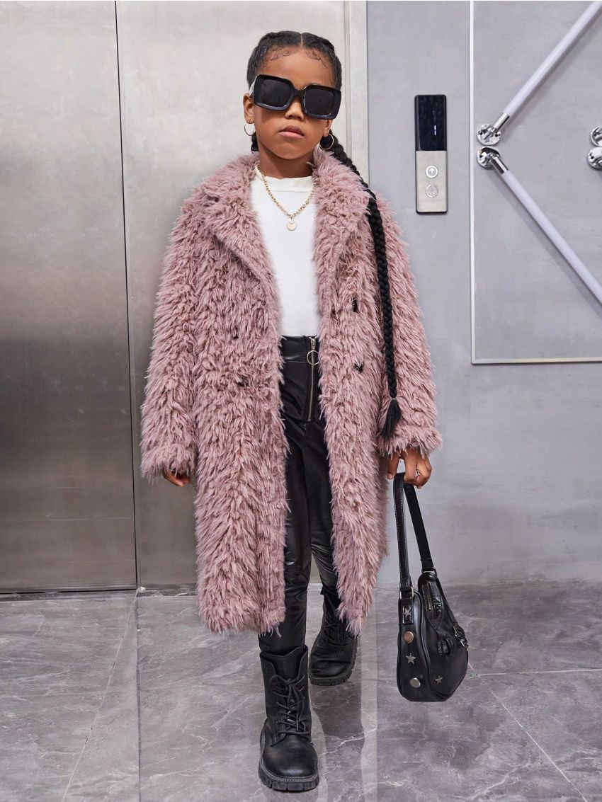 SHEIN Kids Cooltwn Tween Girl Double Breasted Fuzzy Coat