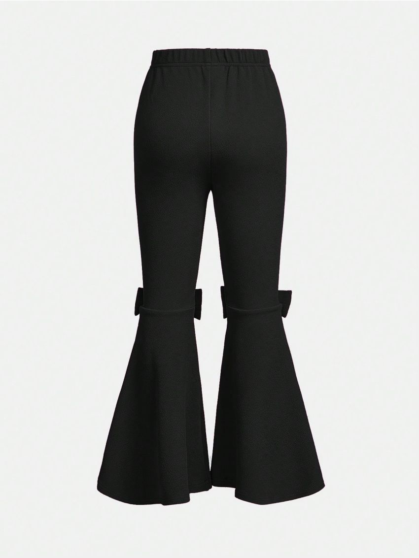SHEIN Kids FANZEY Tween Girls' Solid Color Skinny Bell-Bottom Pants With Bow Detail