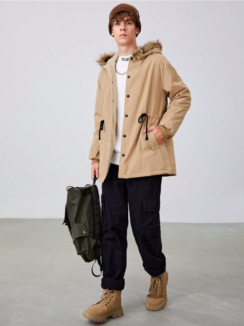 SHEIN Teen Boy Drawstring Waist Fuzzy Trim Hooded Teddy Lined Coat