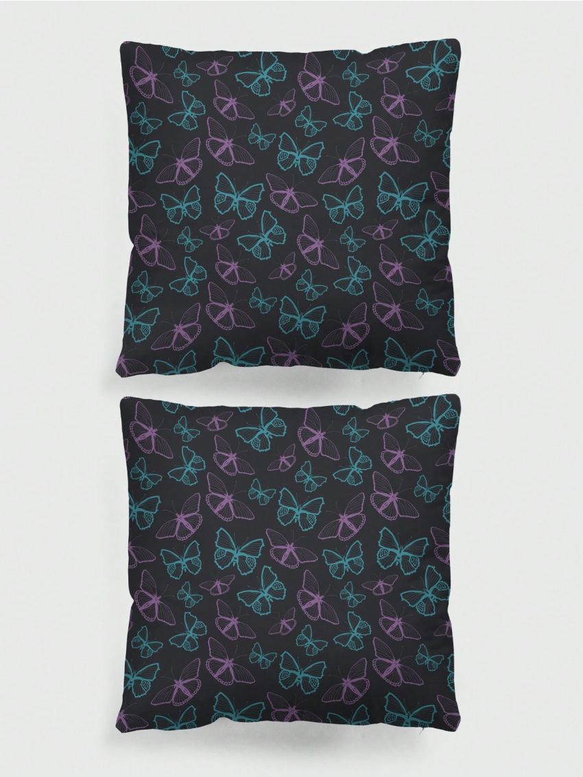 Maryam Alam Purple & Turquoise Butterfly Silhouette Loop Pattern Printed Double-side Flannel Pillowcase, Suitable For Daily Home Decoration Sofa Cushion, Car Cushion Replacement Pillow Case
