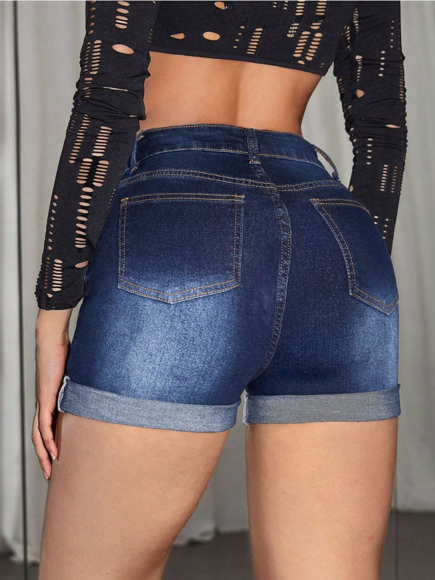 SHEIN PETITE Ladies' Cat Whisker Design Slim Fit Denim Shorts