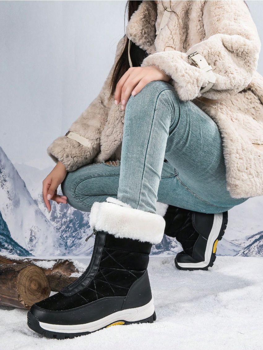 Black Zipper Mid-calf Boots With Warm Lining, Suitable For Outdoor Hiking