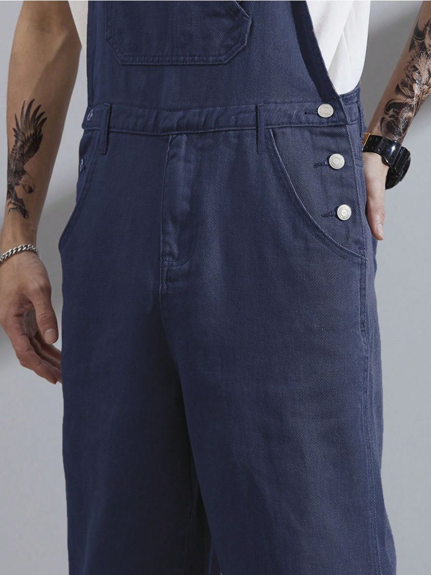 Manfinity Hypemode 1pc Men's Denim Overalls Jumpsuit With Adjustable Shoulder Strap & Slanted Pocket