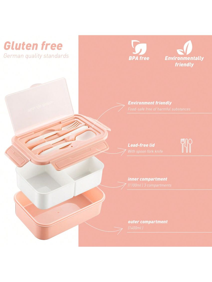 Bento Box for Adult, Lunch Box with 3 Compartments, Cutlery & Set of Knife and Fork, Large Dip Container, Cute Bento Box with Insulation Bag Optional, Phone Holder for Dining