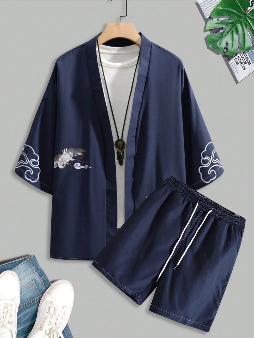 Manfinity Homme Men's Crane Printed Kimono Shirt 2pcs/Set