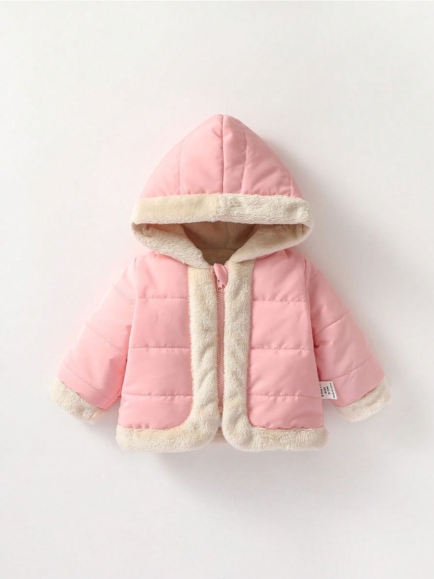 SHEIN Baby Girls' Street Style Zipper Hooded Fleece Bread Coat, Fashionable, Versatile, Warm, Casual, Simple, Daily, Winter