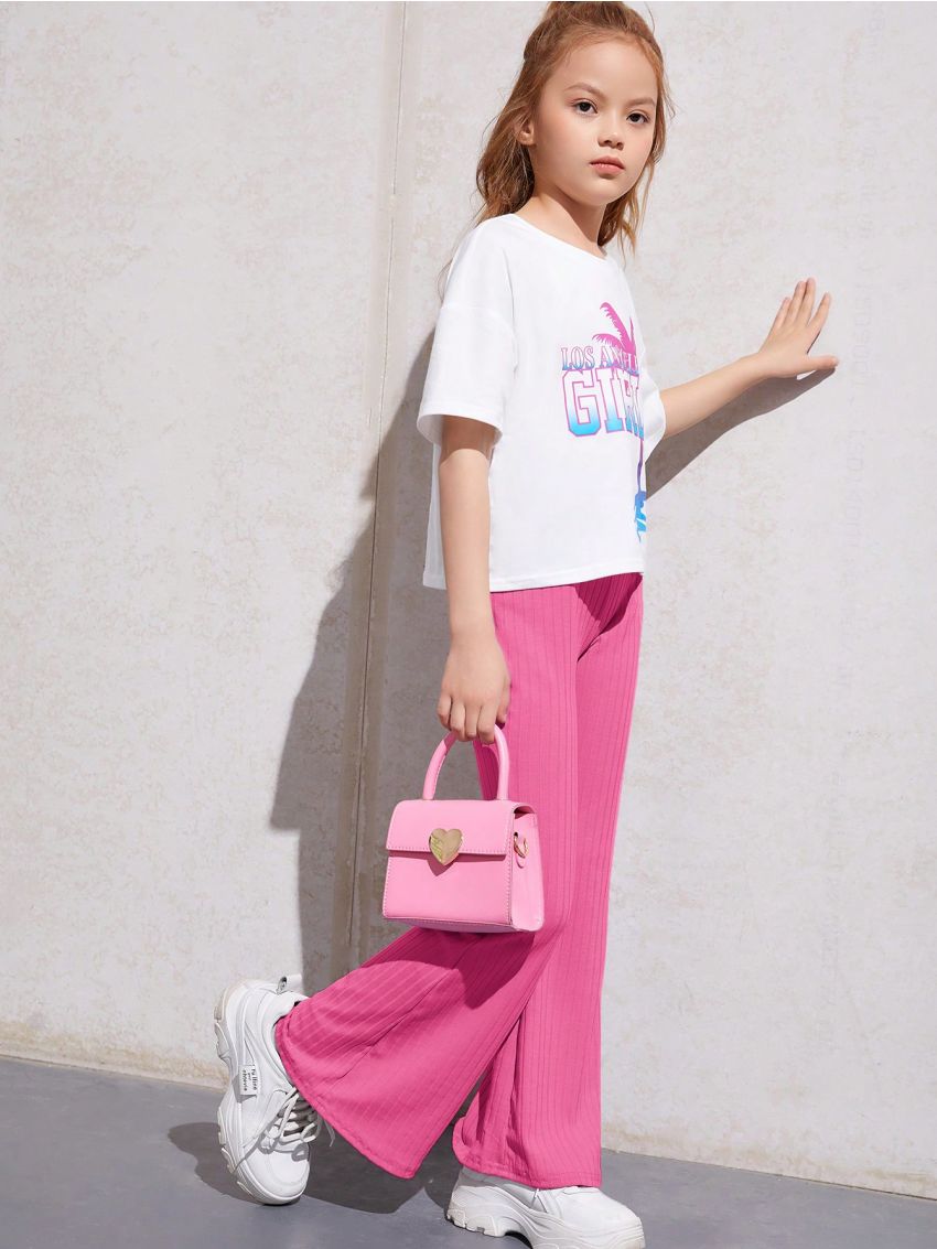 SHEIN Kids EVRYDAY Tween Girls' Knitted Flare Sports Casual Pants