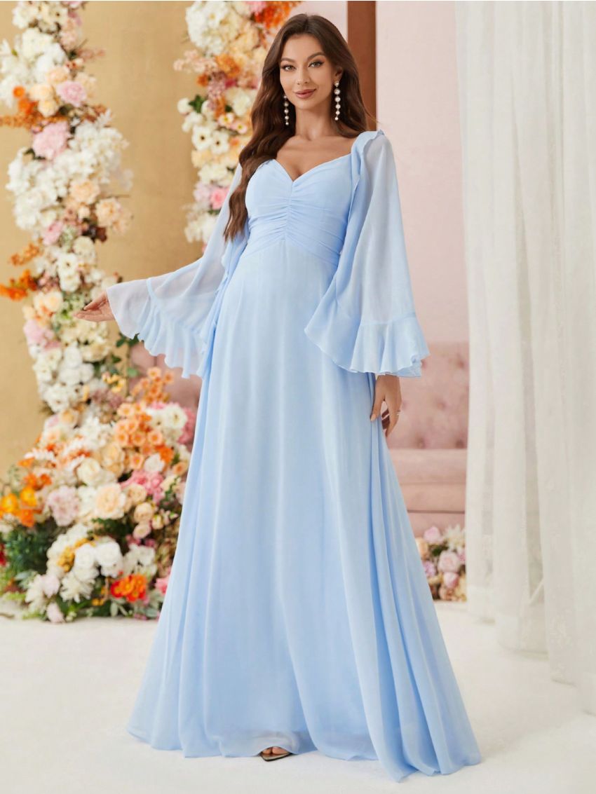 SHEIN Belle Adult Bridesmaid Dress With Layered Ruffled Hem, Pleated Bust And Umbrella Skirt Design