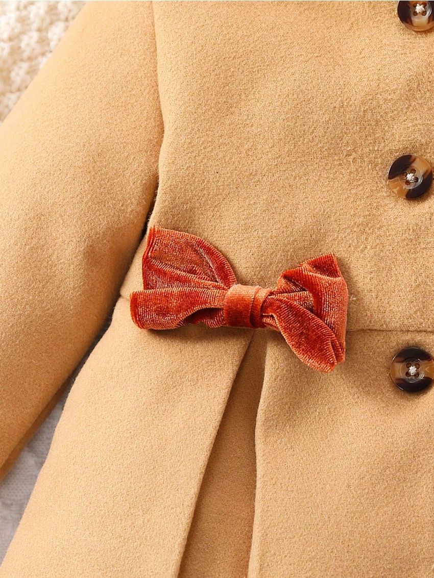 Baby Girl Contrast Trim Bow Front Fold Pleated Detail Hooded Overcoat