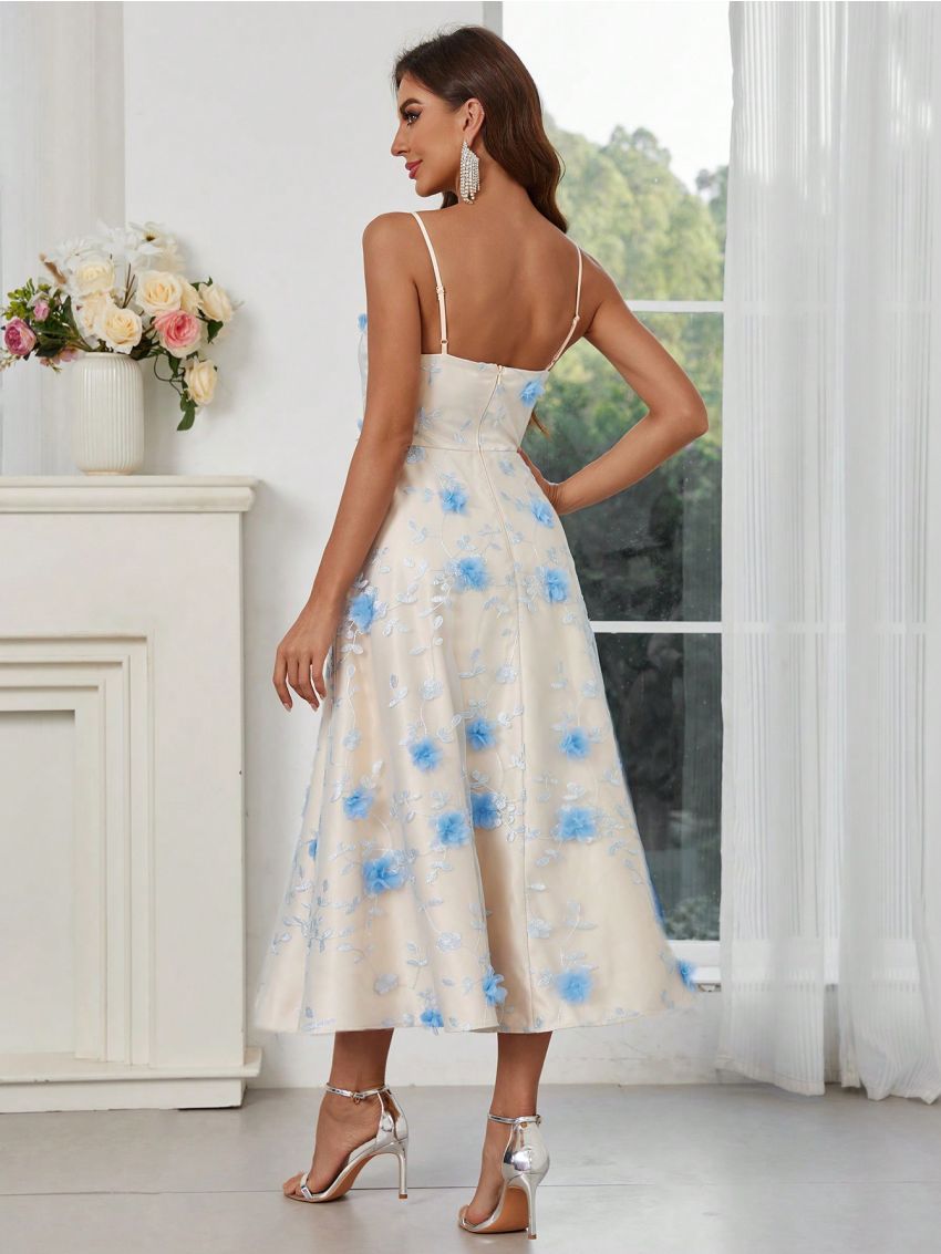 SHEIN Belle 3d Flower Decor Mesh Overlay Spaghetti Strap Party Dress