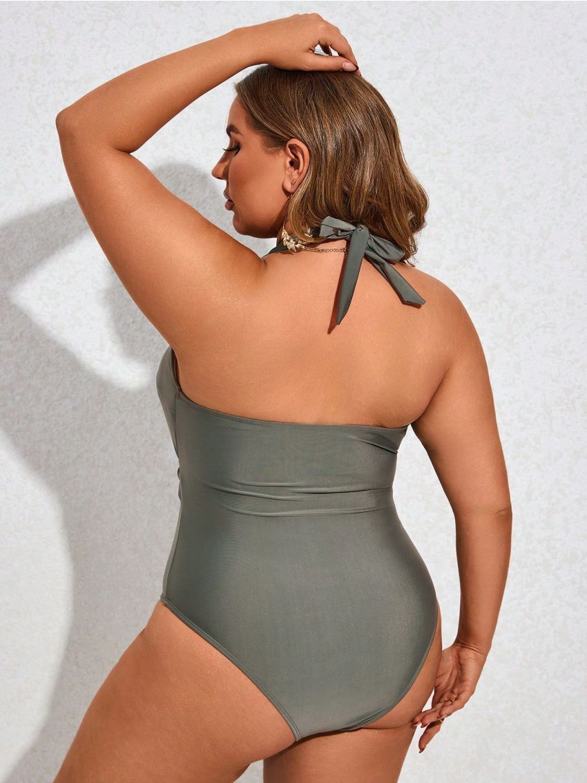 SHEIN Swim Chicsea Plus Size Solid Color Pleated Halter One-Piece Swimsuit