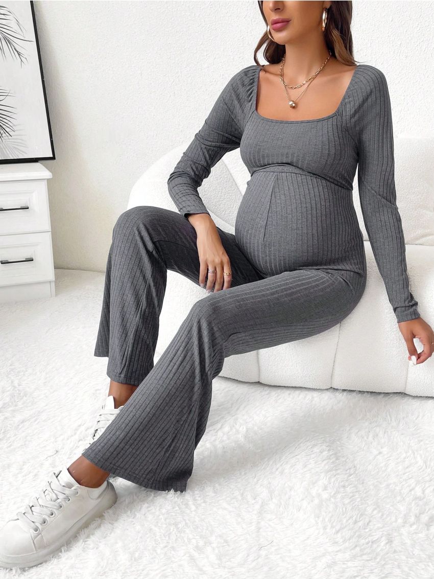 SHEIN Maternity Square Neck Ribbed Knit Flare Leg Jumpsuit