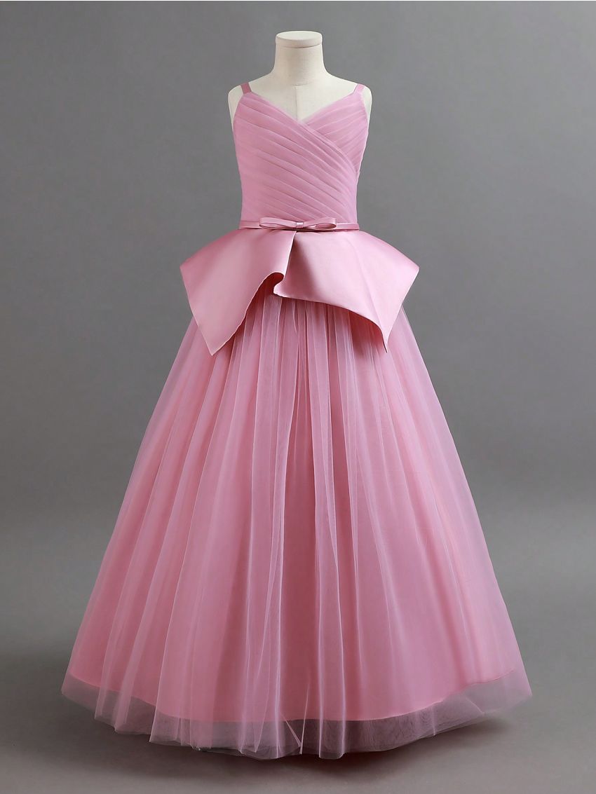 Girls' Asymmetrical Design Mesh Patchwork Party Dress With Waist Detail